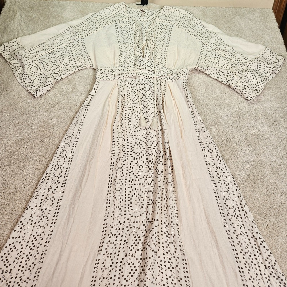 Free People Maxi Dress 10 Ivory Khaki Geometric Tassel Boho Peasant Festival